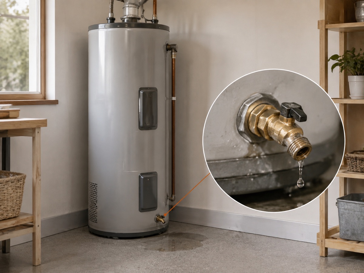 Residential water heater with a small puddle and a circular close-up of a leaking drain valve