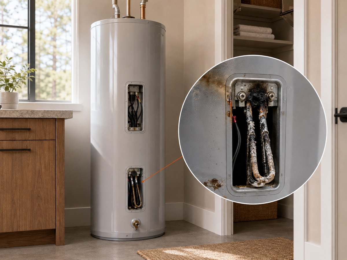 Residential water heater with a circular diagnostic close-up of a failed electric heating element