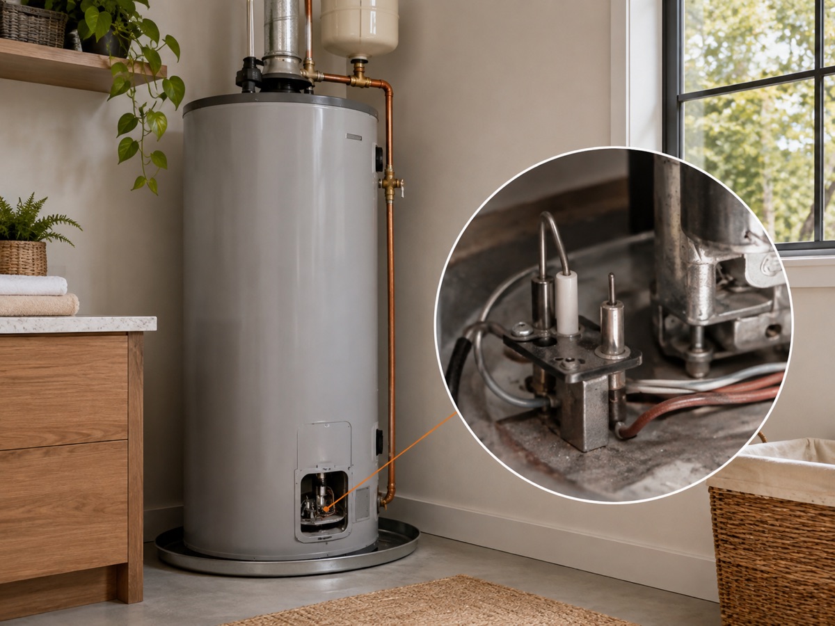 Gas water heater with a circular diagnostic close-up of the igniter and flame-sensor assembly
