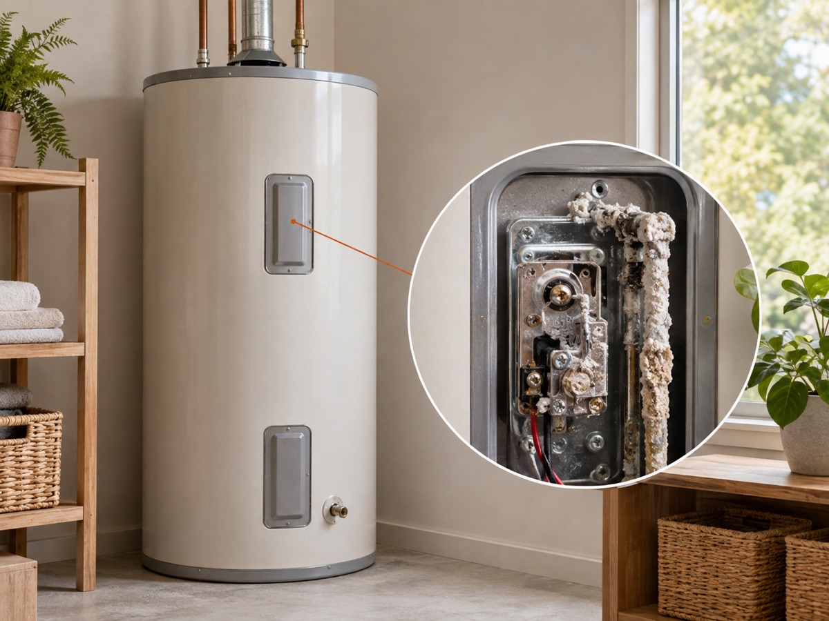 Residential water heater with a circular close-up of a scaled temperature-control assembly